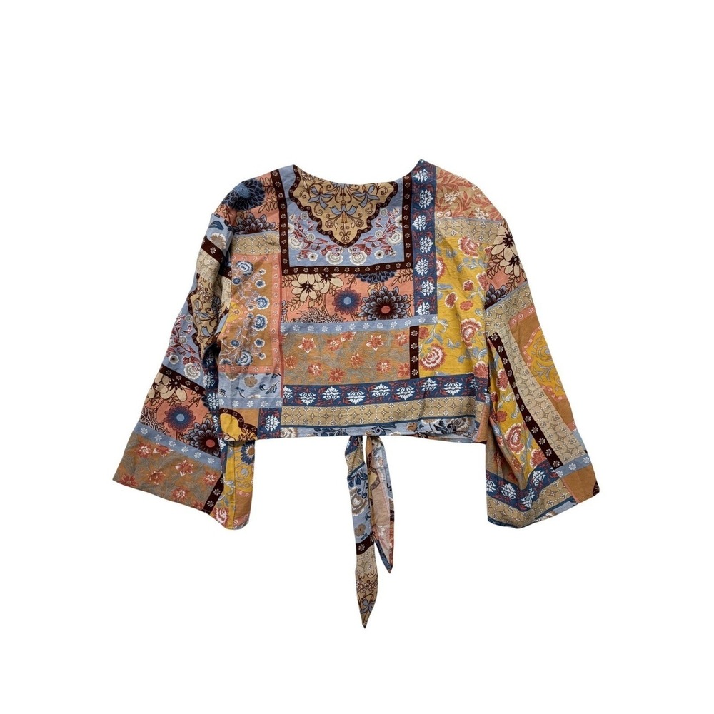 Calypso St Barth Boho Patchwork Tie Front Crop Top Bell Sleeve M NWOT New - Picture 5 of 8